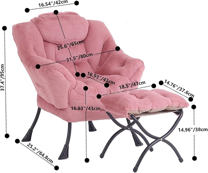 Tiita Lazy Chair with Ottoman, Pink Chair Modern Large Accent Lounge Armchair, Comfy Leisure Sofa Reading Chair with Footrest for Bedroom, Living Room, Dorm Rooms, Garden, Plush Dark Pink