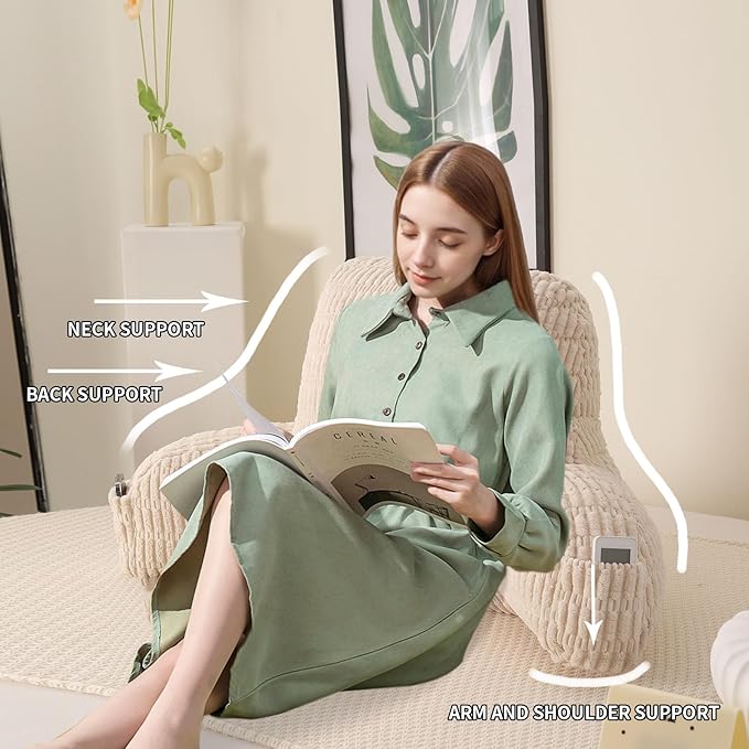 PAJEO Reading Pillow for Sitting in Bed, Large Backrest Reading Pillow with Arm Rest,Back-Rest Support Cushion for Sit Up on Couch, Sofa, and Floor, Dorm Essentials (Cream Corduroy, Standard(17"))