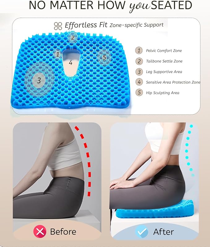Anzeng Gel Seat Cushion for Long Sitting, Gel Cushion for Pressure Relief, Soft & Breathable, Chair Cushion for Office Chair, Car, Wheelchair, Seat Cushion with Non-Slip Black Cover