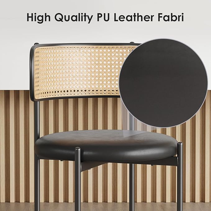 Farini Dining Chairs Set of 4, PU Leather Upholstered Seat with Woven Rattan Back, Sturdy Metal Legs Modern Side Chairs for Kitchen Living Room Restaurant, Black