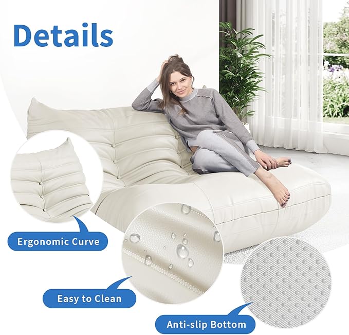 Foam Bean Bag Chairs for Adults,Big Faux Leather Bean Bag Lounger Couches, Modern Sofa,Floor Lazy Sponge Couch for Living Room Bedroom Dorm Office,Cream White