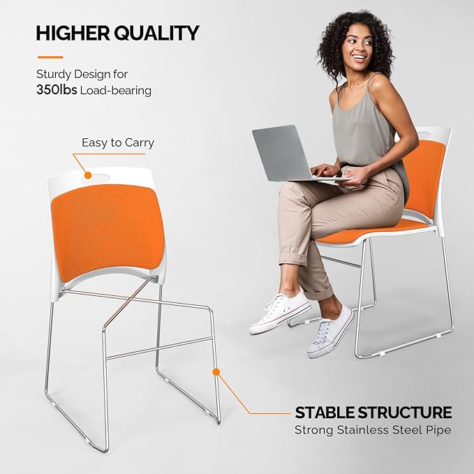VINGLI Stackable Chairs Set of 20, Stacking Office Chairs with Metal Sled Base, Ergonomic Plastic Padded Seat & Back, Capacity 350lbs, Stacking Chairs for Waiting Room Break Room Banquet Guest, Orange