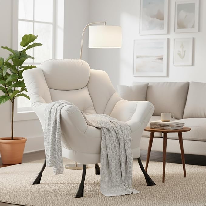 Welnow Lazy Chair for Living Room, Modern Reading Lounge Accent Chair with Armrests and a Side Pocket, Leisure Upholstered Lazy Sofa for Small Space, Bedroom, Dorm, Beige