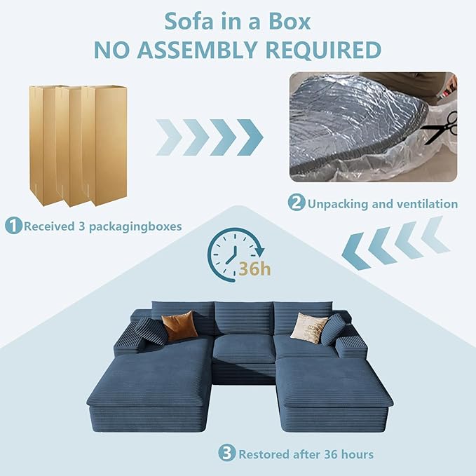 107" Cloud Sectional Couch with U-Shaped Chaise,Corduroy Viral Boneless Sofa with Ottoman,Memory Foam Couches in a Box with Deep Seat for Living Room,No Assembly Required (Blue,Left-Facing Chaise)