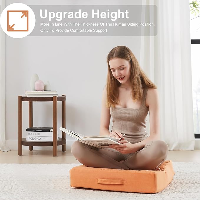JKMAX 22 inches Floor Pillow for Adults - Large Meditation Cushion with Thick Foam & Soft Tufted Cover - Premium Outdoor Square Floor Cushion Seat - Yoga Pillows for Sitting On Floor - Orange