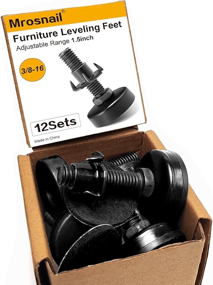 Mrosnail 12Pcs Adjustable Furniture Leveling Feet with T-Nuts, 3/8"-16 UNC Thread Screw-in Furniture Levelers for Tables, Sofas, Shelves, Cabinets