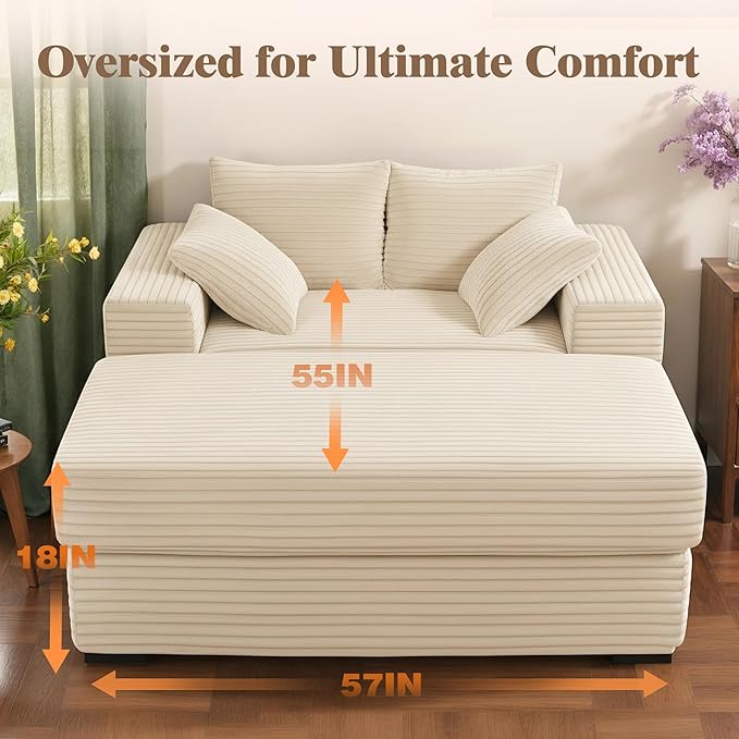 Indoor Chaise Lounge Chair With Storage Ottoman, Modern 60-Inch Lounge Sofa Chair With Wide Armrests & 4 Pillows, Oversized Comfy Reading Lounger For Living Room, Bedroom（Wide-Rib Corduroy Beige)