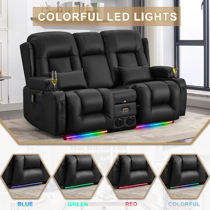 URRED Loveseat Recliner Sofa with Massage and Heat, Power Reclining Loveseat Sofa RV Couch with Console, Home Theater Seating with LED Lights, Bluetooth Speakers, USB, Outlets, Faux Leather, Black | Wall Hugger, Double Recliner, Zero Gravity, Full Body...