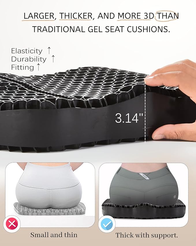Anzeng Gel Seat Cushion for Long Sitting, Gel Cushion for Pressure Relief, Soft & Breathable, Chair Cushion for Office Chair, Car, Wheelchair, Seat Cushion with Non-Slip Black Cover