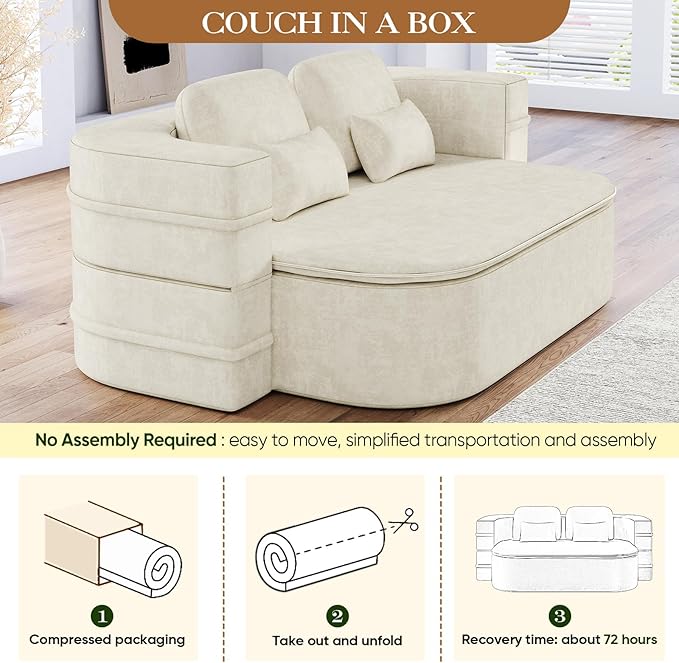 Antetek Convertible Sleeper Sofa, Modern Folding Futon Chenille Floor Foam Compression Loveseat Sofa Bed Couch, Foldable Full-Size Guest Bed with 4 Pillows for Living Room Bedroom Apartment, Beige