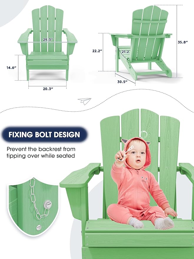 KINGYES Folding Adirondack Chair Set of 6, HDPE All-Weather Folding Adirondack Chair, Light Green