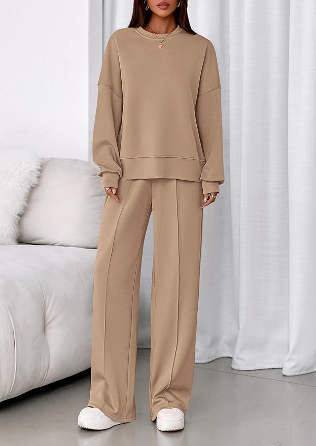 PRETTYGARDEN 2 Piece Sets For Women Fall Trendy Long Sleeve Sweatshirt Wide Leg Pants Loungewear Set Matching Sweatsuit