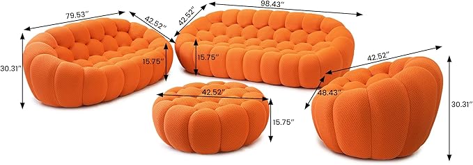 WJShome Modular Sectional Sofa,Bubble Couch Set,1 Seater+ LoveSofa+ 3 Seater+Ottoman,Modern Upholstered Bean Bag Sofa Couch Mesh Fabric Lazy Floor Chair Living Roon Sets (Orange, 98.43"+79"+48"+42")