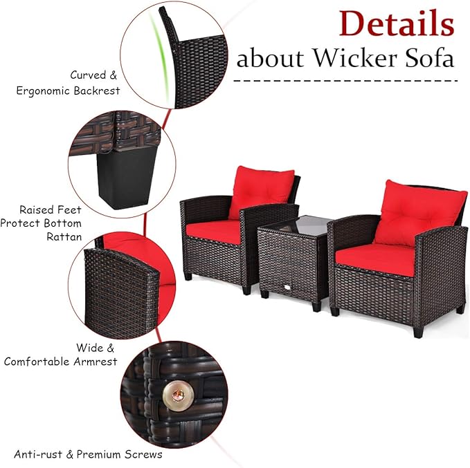 Tangkula 3 Pieces Patio Furniture Set, PE Rattan Wicker 3 Pcs Outdoor Sofa Set w/Washable Cushion and Tempered Glass Tabletop, Conversation Furniture for Garden Poolside Balcony (Red)
