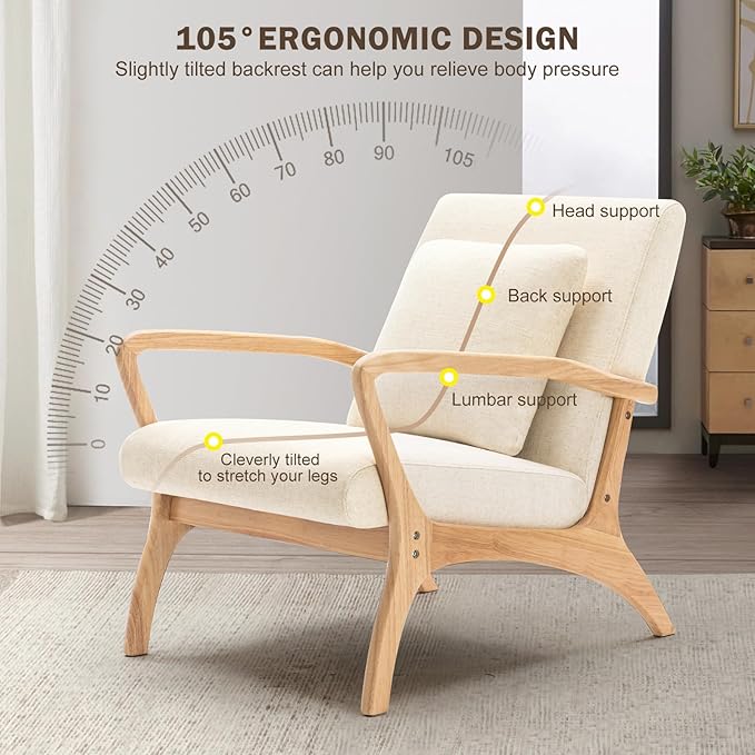 ELUCHANG Accent Chair Mid-Century Modern Chair with Lumbar Pillow, Upholstered Armchair Premium Linen Fabric Comfy Reading Chair, Lounge Side Chair for Living Room Bedroom Sunroom Apartment, Set of 2