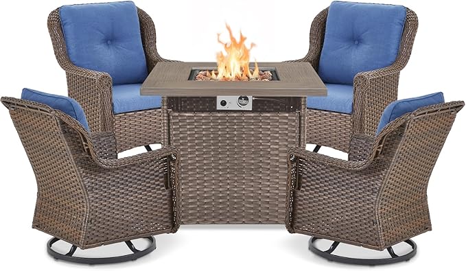 ACTREST Outdoor Patio Swivel Gliders with Fire Pit Table 5 Piece Set - High Back Brown Wicker Rattan Rocking Chair with Thick Cushion for Porch Apartment Deck Yard Poolside Garden - Navy Blue