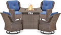 ACTREST Outdoor Patio Swivel Gliders with Fire Pit Table 5 Piece Set - High Back Brown Wicker Rattan Rocking Chair with Thick Cushion for Porch Apartment Deck Yard Poolside Garden - Navy Blue