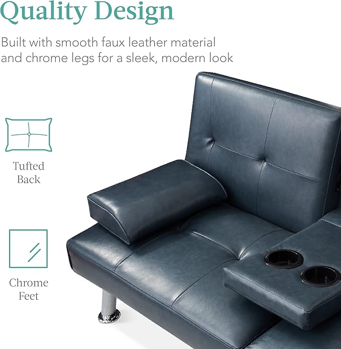 Best Choice Products Faux Leather Upholstered Modern Convertible Futon, Adjustable Folding Sofa Bed, Guest Bed w/Removable Armrests - Blue