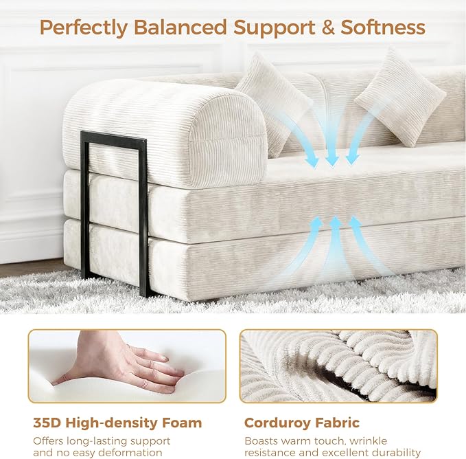 HipyMo 4-in-1 Folding Convertible Sofa Bed, 78 Inch Boneless Couch with Fixed-Shape Frame, Loveseat Sleeper with Pull Out Bed, Floor Sofa Modular Futon Couch for Living Room Bedroom Lounge (Beige)