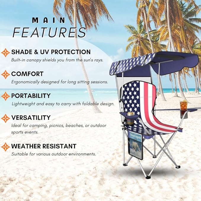 CozyBox Portable Folding Camping Chairs with Canopy Shade, Beach Chair for Adults, Durable Weather Resistant 600D Oxford Cloth, Camping Chair with Canopy for Outdoors [Flag-2 Pack]