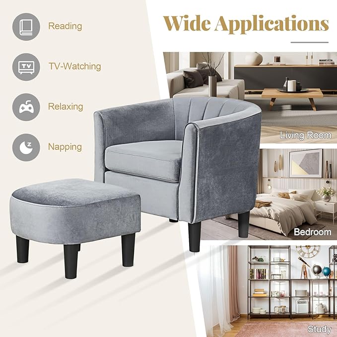 GOFLAME Accent Chair with Ottoman, Modern Velvet Fabric Barrel Chair with Footrest, Curved Backrest, Removable Seat Cushion, Upholstered Club Tub Sofa, Reading Armchair for Living Room, Bedroom, Gray