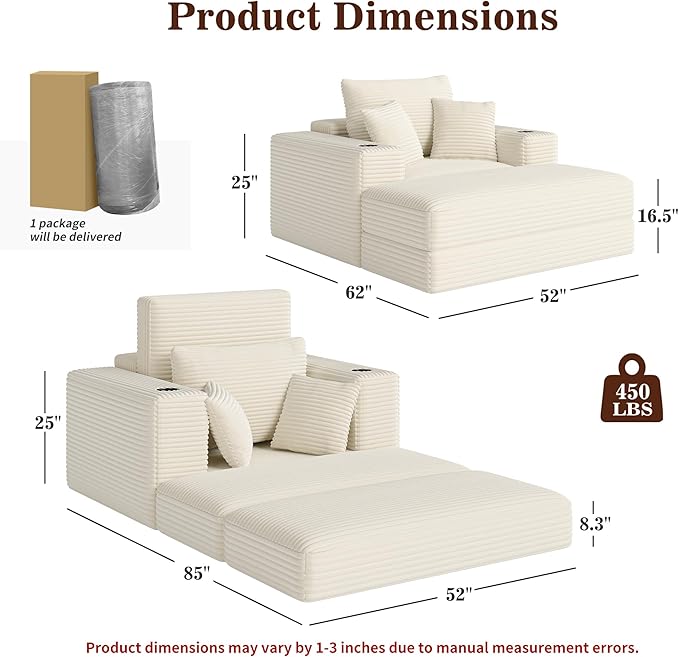 52" Boneless Chaise Lounge Chair Indoor — Oversized Cloud-Like Cozy Comfy Modular 3-in-1 Sofa Bed for Reading, Living Room & Bedroom Corduroy Couch Sleeper, Beige