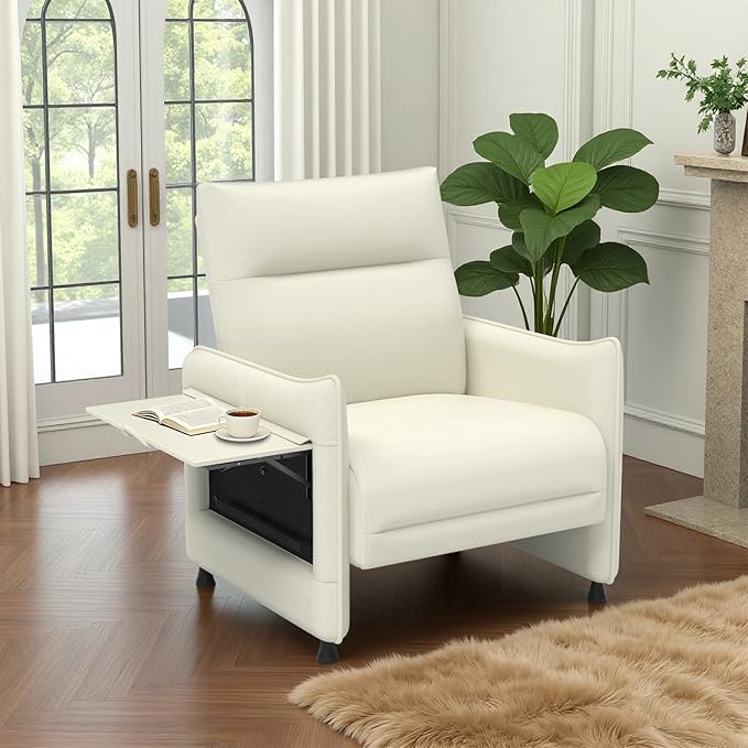 Upholstered Accent Sofas Set of 2, Modern Faux Leather Sofa Chairs with Hidden Foldable Tray & Side Pocket, Front Contour Arm Design, Small Accent Sofas for Small Spaces, Beige