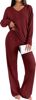Ekouaer Lounge Sets for Women Long Sleeve Knit Ribbed Pajama Sets 2 Piece Casual Loungewear with Pockets