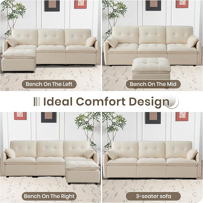 PALLOME 96" Modular L-Shaped Sofa - 3-Seat Cloud Couch with Movable Ottoman, Extra Deep Seat Sofa Couch with Throw Pillows for Living Room & Small Spaces (Beige, 3-Seat + Ottoman)