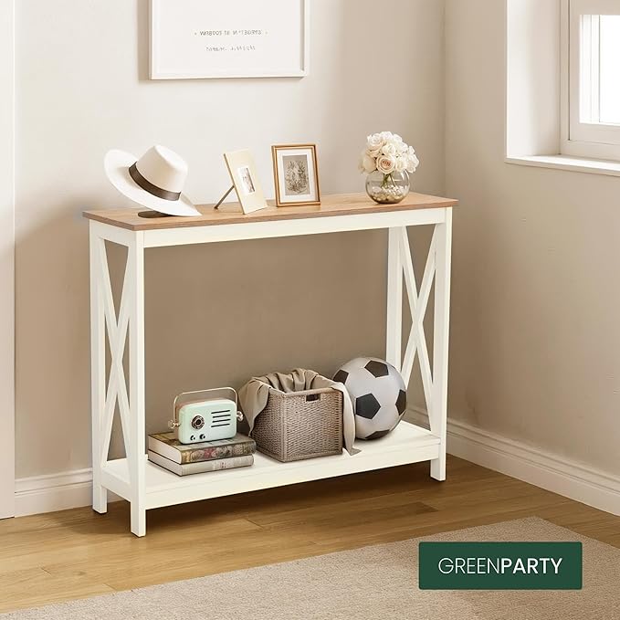 GREEN PARTY Vintage Farmhouse Entryway Console Table, 2-Tier Narrow Sofa Table with Storage Shelf for Living Room and Hallway, Rustic Accent Furniture with Sturdy X-Shaped Legs, Ivory White