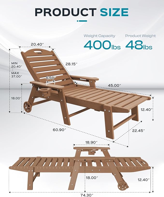 Outdoor Lounge Chair Set of 4, All Weather Patio Chaise Lounge Chairs for Outside, HDPE Chair with Rolling Wheels & Cup Holder, 5 Position, Deck, Pool, Brown