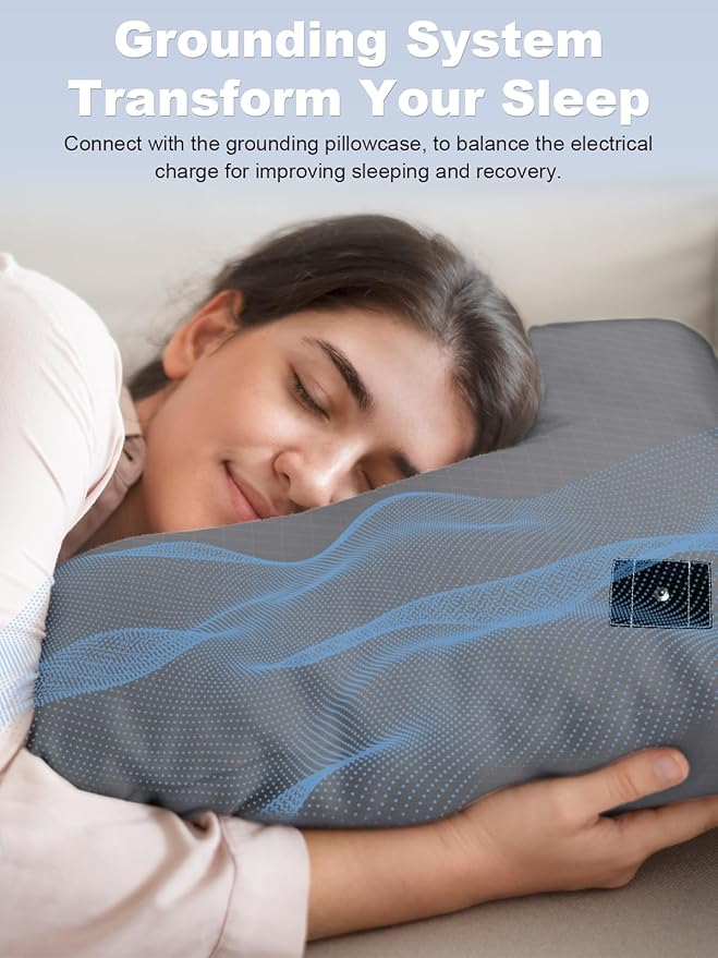 YOUBLAO Grounding Pillowcase, 90% Organic Cotton and 10% Silver Fiber Grounding Pillow Case with 15ft Grounding Cord, Gray Sleep Pillow 20x30 inch for Improve Sleep Improving Energy