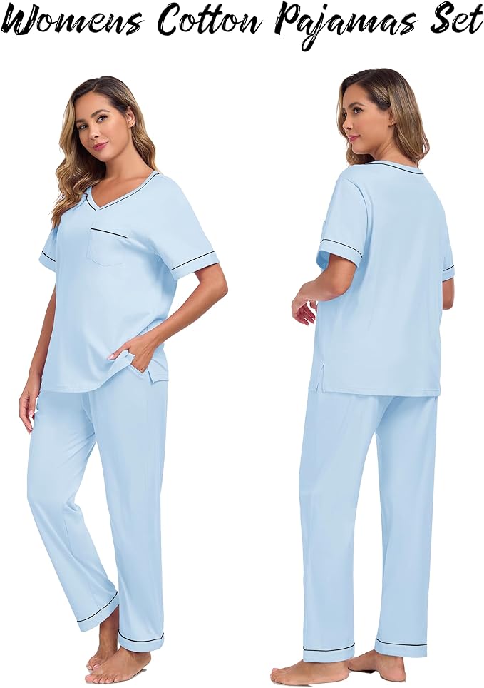 CF Women's 100% Cotton Pajama Sets Soft Short Sleeve Tops & Pants Comfy Sleepwear 2 Piece Lounge set with Pockets Loungewear