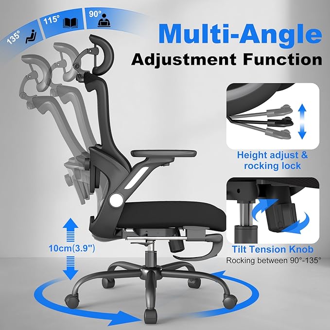 ZZH Ergonomic Office Chair with Footrest, High Back Home Desk Chair with Adjustable Lumbar Support, Headrest, Flip-Up Arms, 90-135° Tilt Lock, Big and Tall Mesh Computer Seating with Wheels