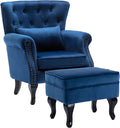 DM Furniture Mid-Century Accent Chair with Ottoman Modern Button Tufted Armchair Wingback Club Chair Velvet Single Sofa Lounge Chair with Pillow for Living Room Bedroom, Blue