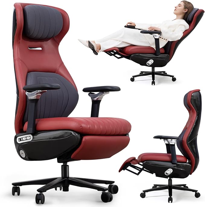 EMIAH Ergonomic Office Chair with Foot Rest Electric Reclining Office Chair with Adjustable Headrest, 8D Coordinated Armrests High Back Computer Chair with Lumbar Support（Red）