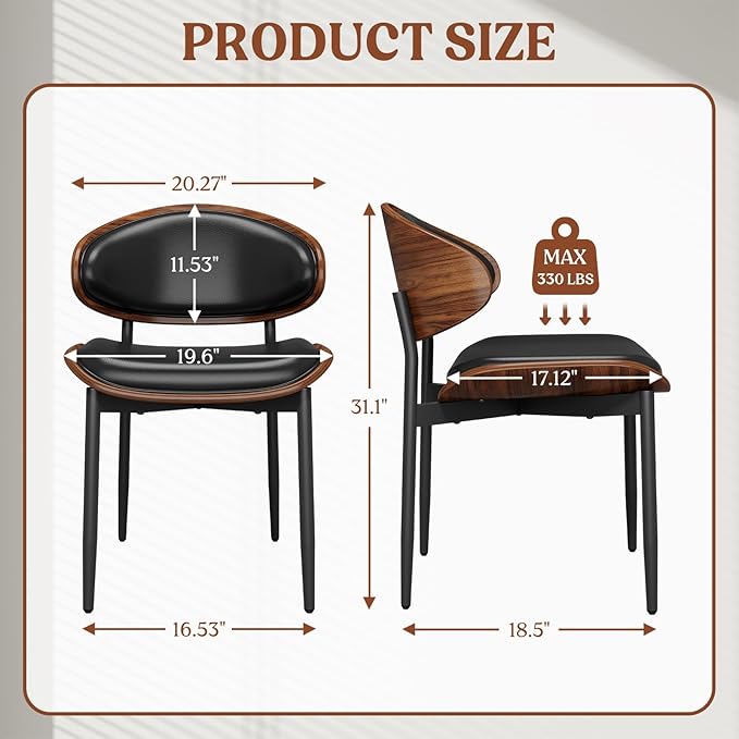 Dining Chairs Set of 8, Mid-Century Modern Upholstered PU Leather Chairs with Walnut Bentwood Back and Metal Legs Adjustable Feet for Kitchen Dining Room, Black PU