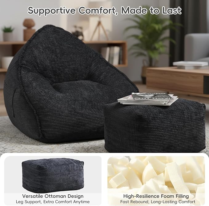 Cloud Bean Bag Chair with Ottoman for Adults, Comfy Corduroy Chaise Lounge Chair with High-Resilience Foam, Boneless Reading Chair for Bedroom & Living Room (Black)