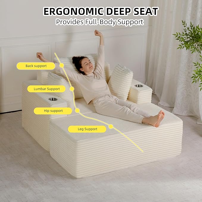 54"W Oversized Chaise Lounge Chair Indoor, Boneless Chaise Lounge Couch, Convertible Comfy Reading Chairs, Corduroy Sleeper Chair Couches for Living Room, Compression Sofa with Ottoman, Beige