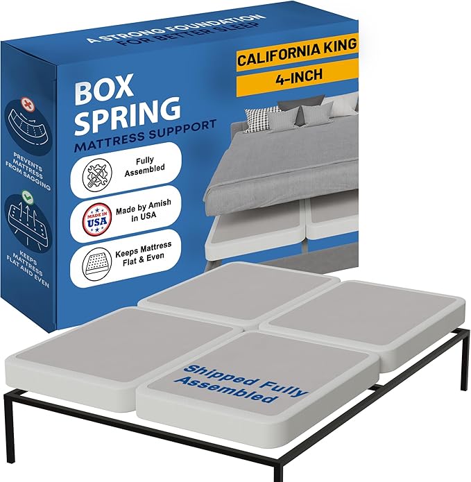 Greaton, Box Spring Bed Base California King Size, 4-Inch Wood Mattress Foundation – Amish Made in USA – Quiet Noise Free, 4-Pieces Under Mattress-Support BoxSpring, Fully Assembled, White