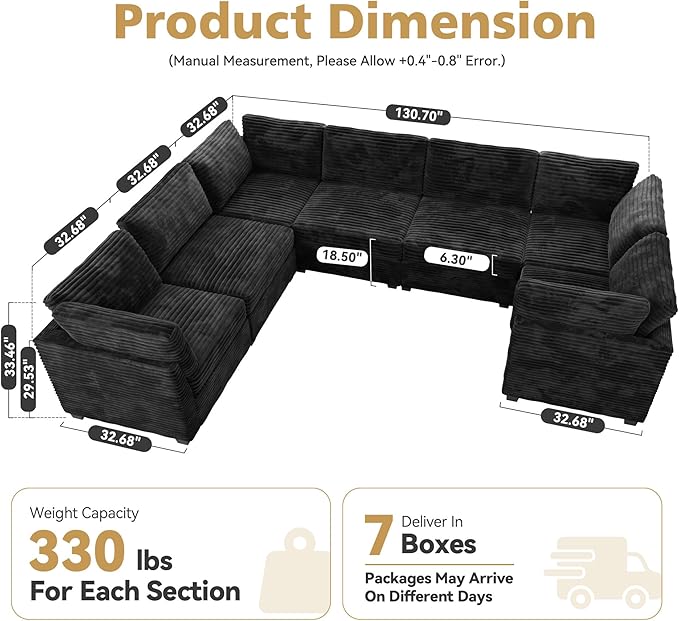 CAODOC Large 7 Seat Modular Sectional Sofa with Ottoman Seat Corduroy Sleeper Sectional Sofa Bed Oversized Convertible Modular Couch for Living Room