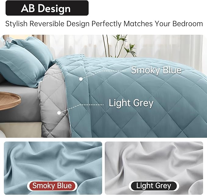 MUXHOMO 7 Pieces Full Comforter Set, Reversible Bed in a Bag Full Size, All Season Bedding Set with Comforter, Flat Sheet, Fitted Sheet, Pillowcases & Shams, Greyish Blue & Light Grey