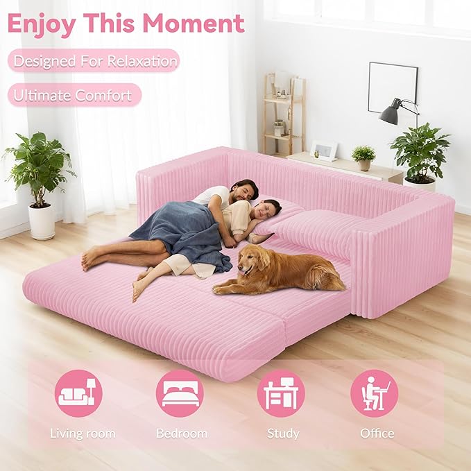 HABUTWAY Folding Sofa Bed, 2 in 1 Convertible Sleeper Chair with 2 Pillows, Portable Fold Out Chair Bed with Armrest, Comfy Floor Couch, Lazy Sofa for Living Room Bedroom Dorm Home Office, Pink
