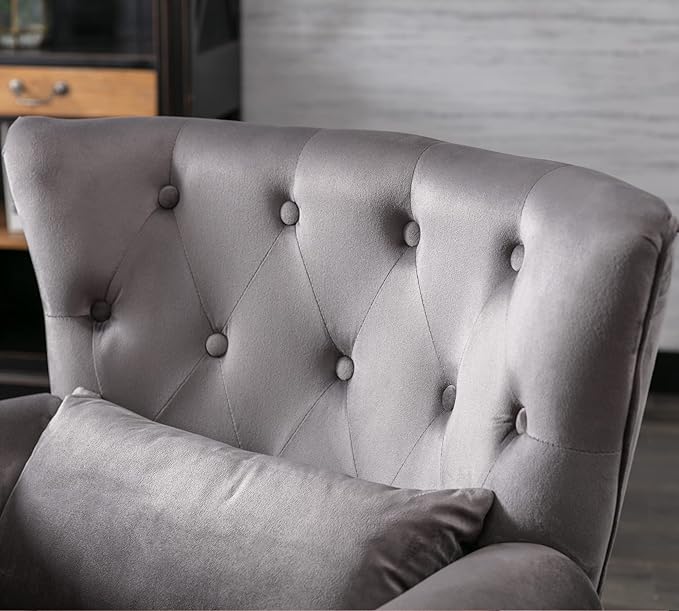 Janoray Mid Century Modern Accent Chair Upholstered Armchair Comfy Velvet Fabric Single Sofa with Tufted Wingback for Small Spaces Bedroom Living Room, Grey