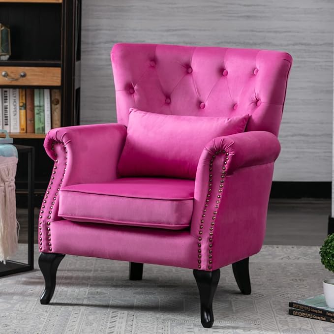 DM Furniture Set of 2 Mid-Century Modern Accent Chair, Velvet Armchair w/Tufted Back/Wood Legs, Upholstered Lounge Arm Chair Single Sofa for Living Room Bedroom, Rose Pink