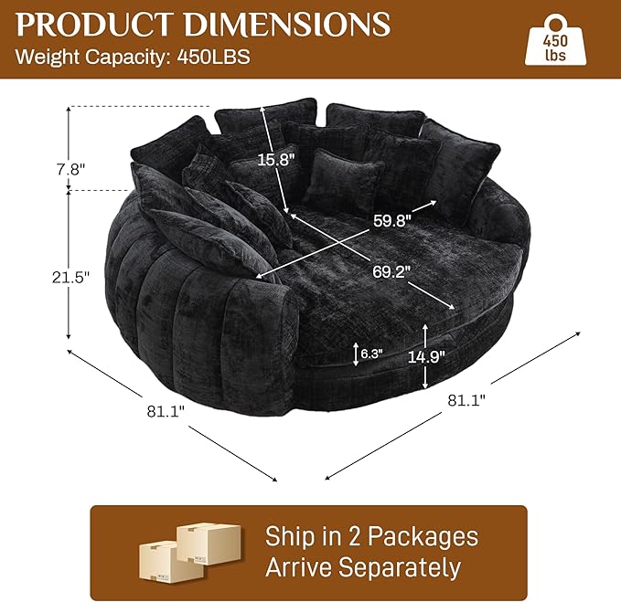 81" Oversized Bean Bag Chair Boneless Round Chaise Lounge Comfy Chenille Reading Chair Fluffy Plush Sofa Bed Large Deep Seat Circle Cloud Couch for Living Room, Bedroom, Apartment, Black