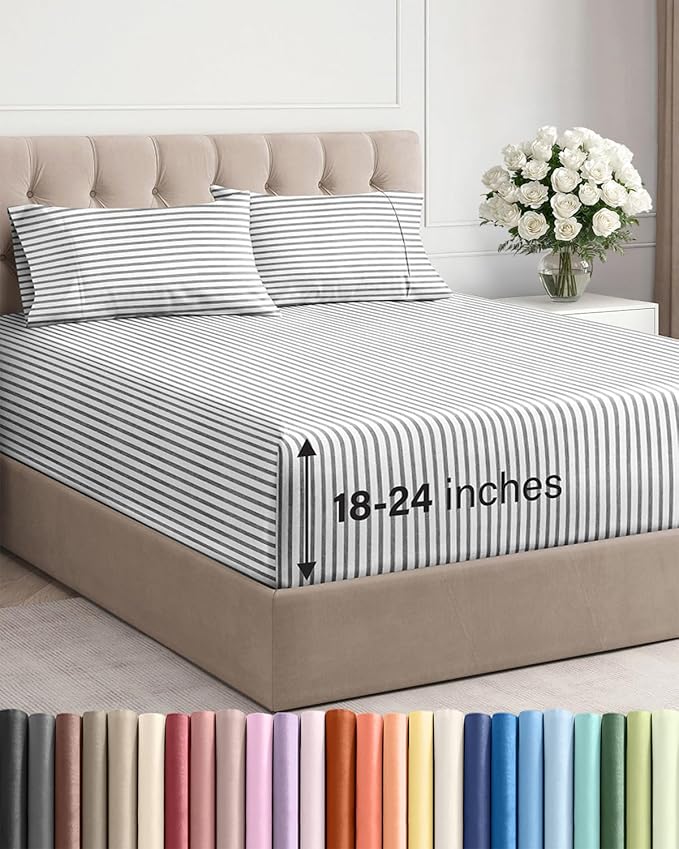Extra Deep Pocket Full Sheets - 4 Piece Breathable & Cooling Bed Sheets - Hotel Luxury Bed Sheet Set - Soft, Wrinkle Free & Comfy - Easily Fits Extra Deep Mattresses - Deep Pocket Grey Striped Sheets
