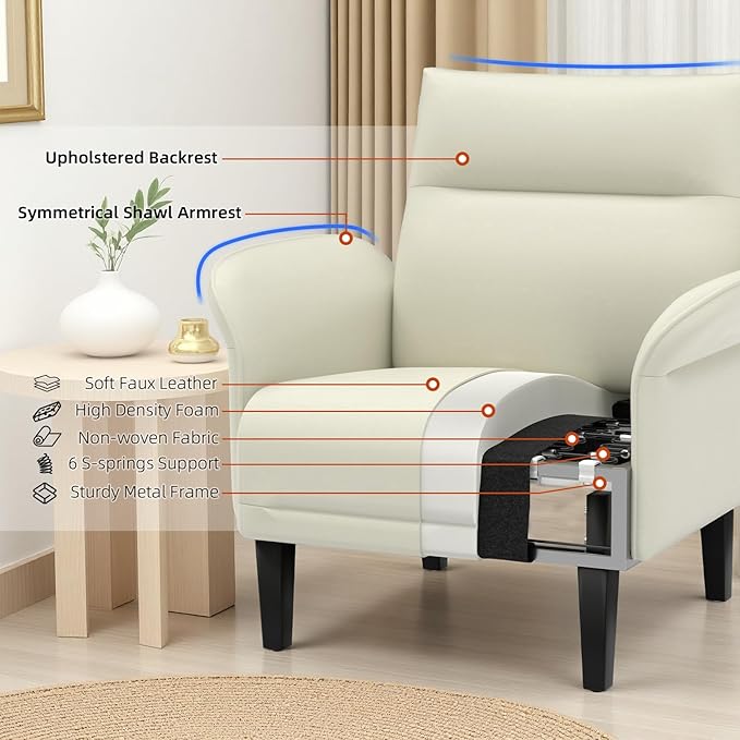 2-Pack Faux Leather Accent Sofas, Symmetrical Shawl Armchairs with Wide Armrests & Wooden Legs, Beige Sofa Chairs Set for Bedroom, Living Room, Compact Spaces