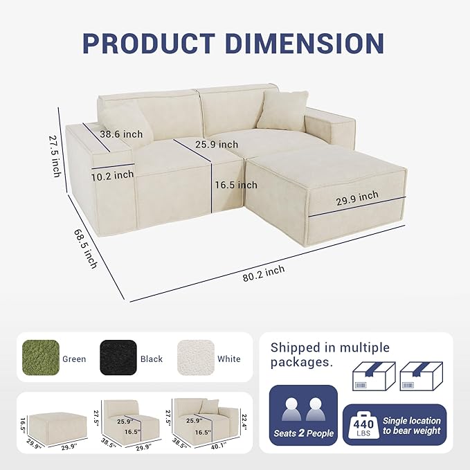 80.3" Cloud Sectional Couch, Chenille Boneless Couch L Shaped with Deep Seats&Wide Armrests, Comfy Convertible Modular Sectional Sofa Memory Foam Compression Sofa for Living Room, No Assembly Required