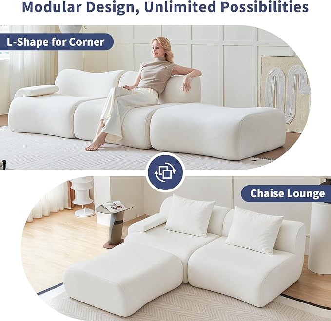 114" Modular Sectional Sofa for Living Room,Boneless Couch in A Box with Ottoman,Memory Foam Sectional Couches for Apartment,Cloud Couch No Assembly Required,White Low -Profile Sofa